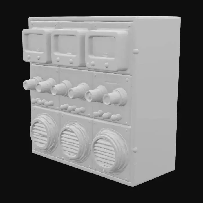 3D model for Retro server wall module, blinking analog indicators, rotary switches, and old ventilation ducts — green tint plastic casings and worn labels, industrial sci-fi