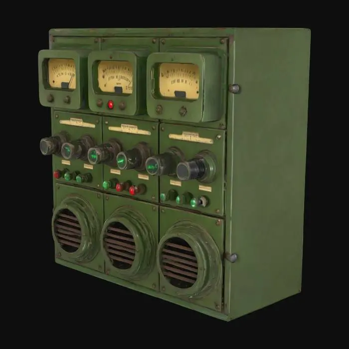 3D model for Retro server wall module, blinking analog indicators, rotary switches, and old ventilation ducts — green tint plastic casings and worn labels, industrial sci-fi
