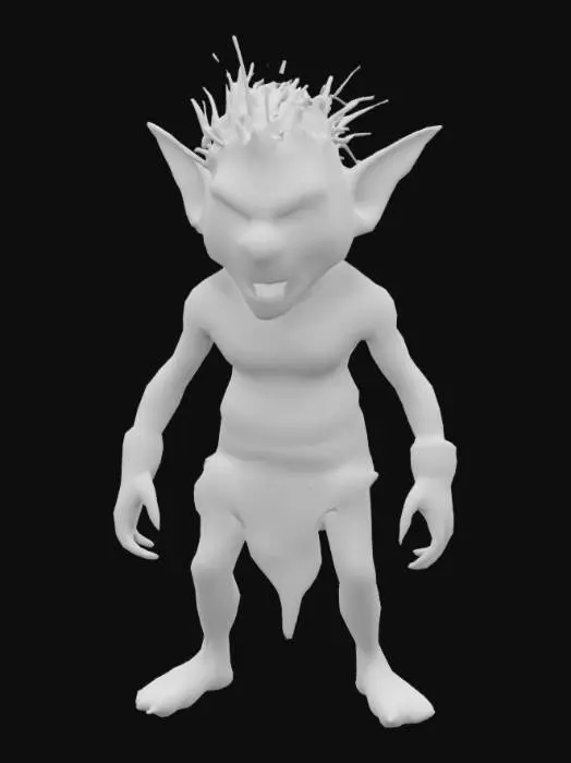 3D model for a fantastical creature that resembles a humanoid figure with a pale, blueish skin tone. It has long, pointed ears and a mane of hair that stands upright along its neck and shoulders. The creature's eyes are red and glowing, and it has a wide, toothy grin. It is wearing a brown, tattered outfit.