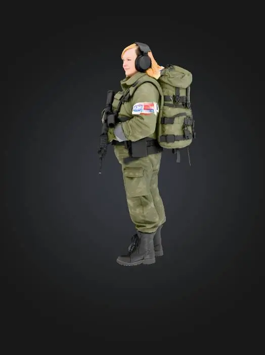 3D model for A gamer girl in het 50's . Dark blond semi long  straight hairstyle.  tad overweight, in military outfit,, digital print camouflage with a Dutch flag on the shoulder.  She has a backpack with a keyboard sticking out.   With her AUG readied in her hands, she is about to engage an enemy behind the wall.  You cna clearly see she is a gmer girl by showing her keyboard popping out of her backpack. Also she wear a gamer headset