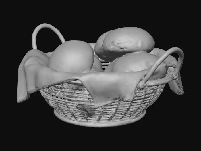 3D model for A polished silver wire bread basket filled with warm golden dinner rolls, holding a white linen napkin liner, studio lighting