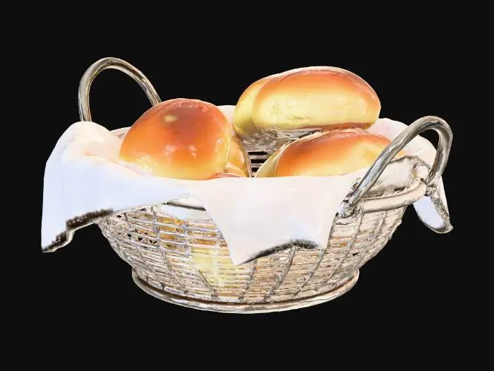 3D model for A polished silver wire bread basket filled with warm golden dinner rolls, holding a white linen napkin liner, studio lighting
