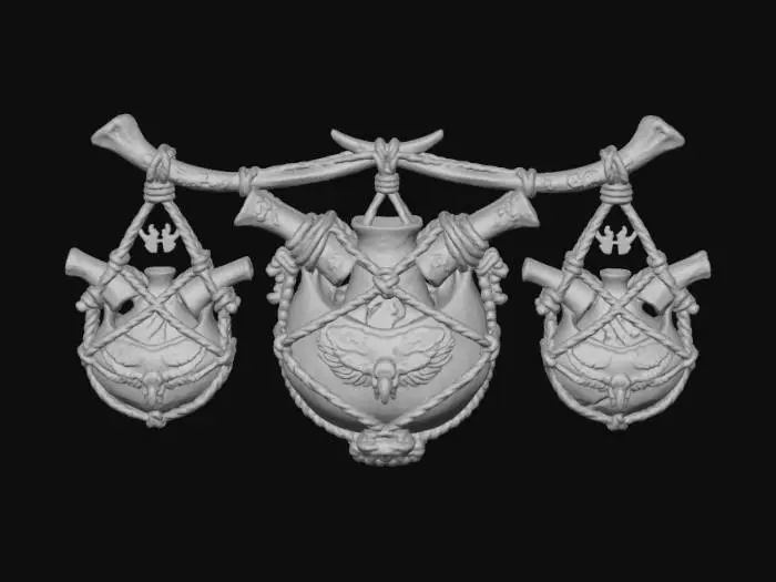 3D model for Hanging vessels bound in rope and bone, glowing with silver light—symbols of guidance and balance, raven motif, sacred symbols of the Ravensborne