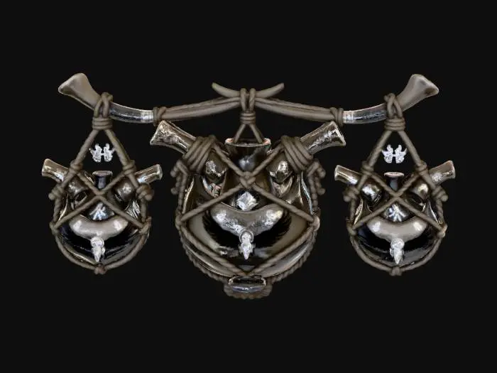 3D model for Hanging vessels bound in rope and bone, glowing with silver light—symbols of guidance and balance, raven motif, sacred symbols of the Ravensborne