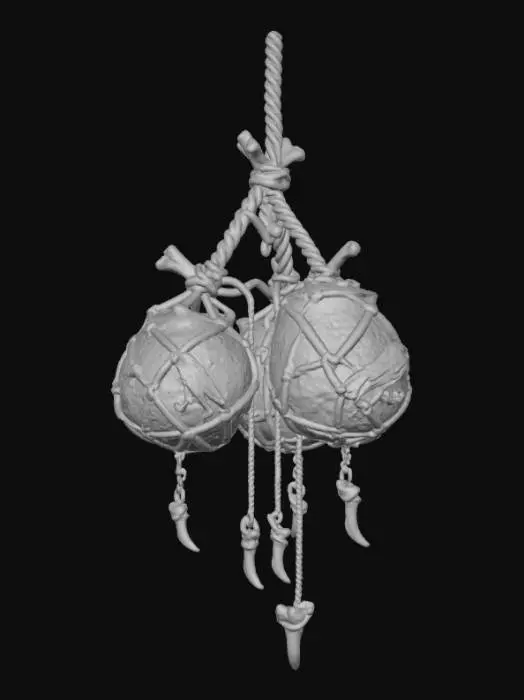 3D model for Hanging vessels bound in rope and bone, glowing with silver light—symbols of guidance and balance, raven motif, sacred symbols of the Ravensborne