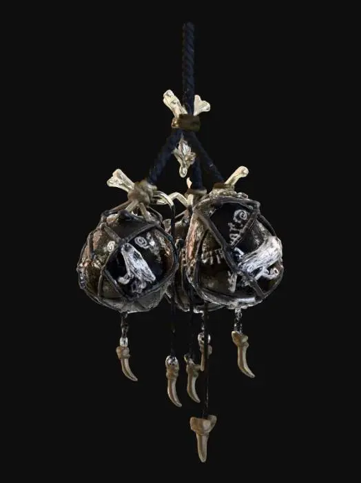 3D model for Hanging vessels bound in rope and bone, glowing with silver light—symbols of guidance and balance, raven motif, sacred symbols of the Ravensborne