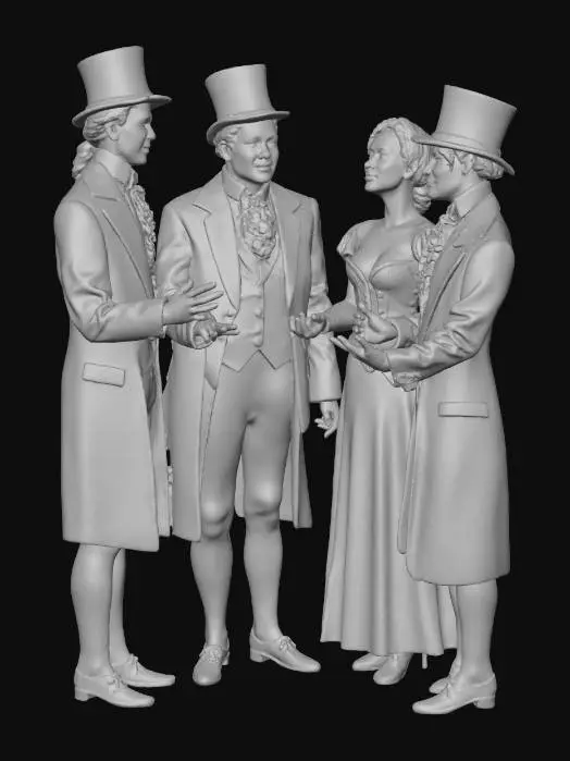 3D model for A group of men and women singing Christmas Carols from the Victorian Era dressed in Victorian clothing, the men wearing top hats. Photorealistic, high quality. , #Christmas2025#