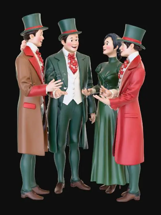 3D model for A group of men and women singing Christmas Carols from the Victorian Era dressed in Victorian clothing, the men wearing top hats. Photorealistic, high quality. , #Christmas2025#