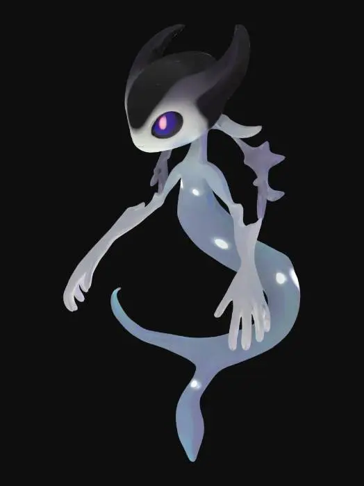 3D model for A newly imagined Pokémon creature, dual type Moon and Ghost, in the classic Pokémon art style. A spooky yet majestic design with cartoonish features, bright colors, bold outlines, and simple yet expressive shapes. Its body is semi-transparent with glowing lunar runes, long thin arms, and wispy fingers. Eyes are hollow with an eerie glow. Floating and surrounded by misty, ghostly energy. Clean lines, smooth coloring, minimalistic shading, fitting the Pokémon universe