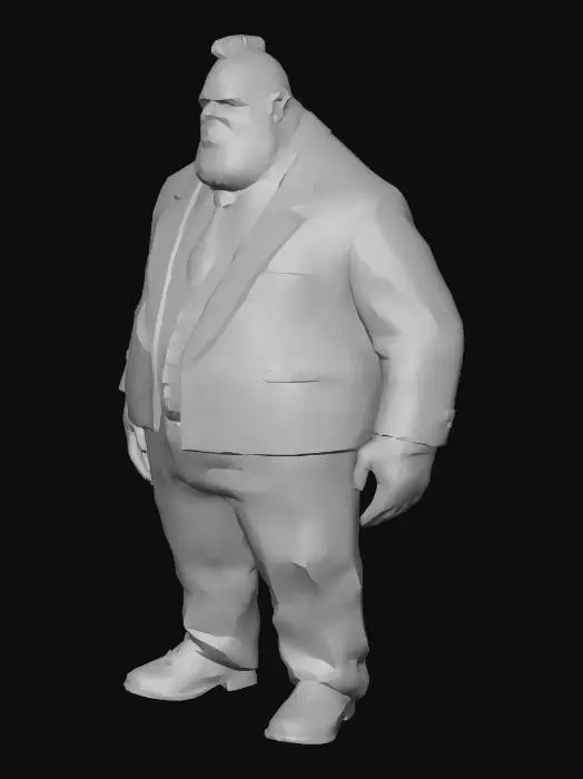 3D model for Create a 3D game character model with graphics slightly above low-poly (medium detail, smooth, real-time optimized). Medium height (170–180 cm). Funny, rough face (large nose, heavy jaw, wrinkles/scars), bald (optional light stubble or short, curly hair for rugged look). Wears a professional, slightly worn three-piece suit (jacket, vest, trousers; wrinkled, rolled sleeves, or stains) with realistic textures (seams, folds). Rugged, charismatic, comedic yet menacing vibe, fit for a bandit, guard, or comedic antagonist. Model must support rigging/animation (proper topology, UV mapping, PBR textures). Format: FBX/OBJ. Suit in dark/neutral tones (black, dark gray, blue) with bright accents (e.g., orange tie). Include details like a worn belt, watch, or tattoo. Keep optimized for games.
