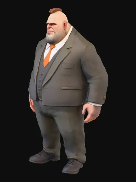 3D model for Create a 3D game character model with graphics slightly above low-poly (medium detail, smooth, real-time optimized). Medium height (170–180 cm). Funny, rough face (large nose, heavy jaw, wrinkles/scars), bald (optional light stubble or short, curly hair for rugged look). Wears a professional, slightly worn three-piece suit (jacket, vest, trousers; wrinkled, rolled sleeves, or stains) with realistic textures (seams, folds). Rugged, charismatic, comedic yet menacing vibe, fit for a bandit, guard, or comedic antagonist. Model must support rigging/animation (proper topology, UV mapping, PBR textures). Format: FBX/OBJ. Suit in dark/neutral tones (black, dark gray, blue) with bright accents (e.g., orange tie). Include details like a worn belt, watch, or tattoo. Keep optimized for games.