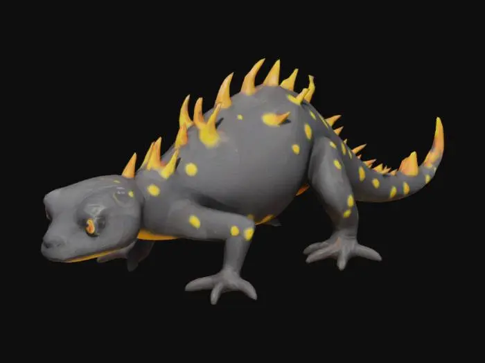 3D model for A low-polygon, detailed fire salamander, measuring approximately 25 cm in length, is depicted in a natural, dynamically crawling posture. Its smooth, almost rubbery skin is primarily a matte black, strikingly contrasted by vibrant yellow-orange, flame-like spots. Subtle, sculpted flame motifs are organically integrated into its body and tail, enhancing its mythical appearance. The creature possesses a robust, slender body, a distinct head, and four short, sturdy limbs, all contributing to its simplified yet characterful structure.