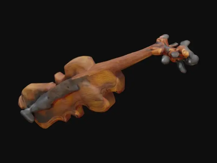 3D model for Model a wooden violin destroyed by fire. The body is cracked, top layer blackened, strings melted. One tuning peg or bow fragment remains. Suggests a musician who lost everything in seconds. Highly emotional, museum piece. Export as FBX with realistic wood burn effects.





