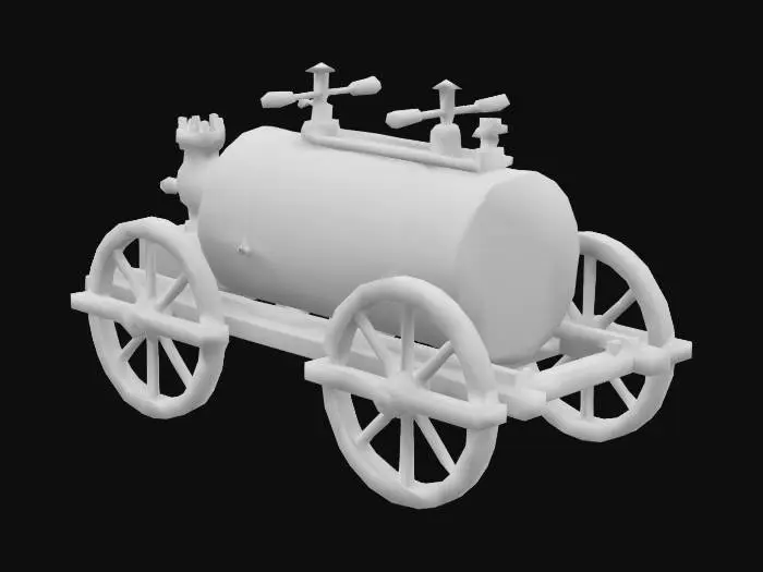 3D model for Create a detailed low-poly 3D model of a historical hand-pump fire engine (tulumba cart) used in the 1800s. It should have a wooden body, large spoked wheels, metal reinforcements, and two long horizontal pump handles on each side. Include leather hose coiled on the side, iron brackets, brass fittings, and a water tank in the center. Add signs of age: soot stains, wood scratches, patina on metal. Style should reflect Ottoman or European fire carts of the 19th century. Model for museum display. Export as FBX with baked textures and clean topology.



