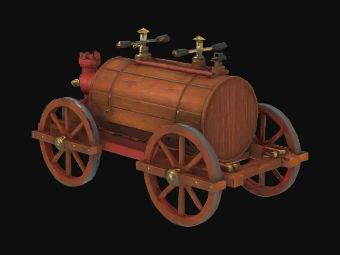 3D model for Create a detailed low-poly 3D model of a historical hand-pump fire engine (tulumba cart) used in the 1800s. It should have a wooden body, large spoked wheels, metal reinforcements, and two long horizontal pump handles on each side. Include leather hose coiled on the side, iron brackets, brass fittings, and a water tank in the center. Add signs of age: soot stains, wood scratches, patina on metal. Style should reflect Ottoman or European fire carts of the 19th century. Model for museum display. Export as FBX with baked textures and clean topology.



