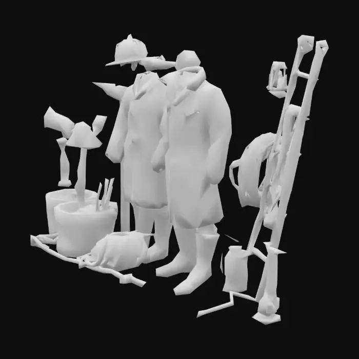 3D model for Create a low-poly 3D collection of historical firefighting equipment from the 1800s–1900s. Include: leather fire helmet, long coat, tall boots, axe, brass hand bell, wooden water bucket, hand-crank siren, lantern, rolled leather hose, hose nozzle, rope, ladder, crowbar, water pump lever, and fire trumpet. Arrange them on a wooden floor or against a museum display wall. Add mild wear, soot, and rust details. Export as FBX with baked textures and clean topology. All objects should be separate but placed together in one scene.