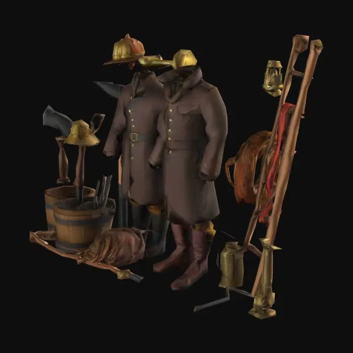 3D model for Create a low-poly 3D collection of historical firefighting equipment from the 1800s–1900s. Include: leather fire helmet, long coat, tall boots, axe, brass hand bell, wooden water bucket, hand-crank siren, lantern, rolled leather hose, hose nozzle, rope, ladder, crowbar, water pump lever, and fire trumpet. Arrange them on a wooden floor or against a museum display wall. Add mild wear, soot, and rust details. Export as FBX with baked textures and clean topology. All objects should be separate but placed together in one scene.