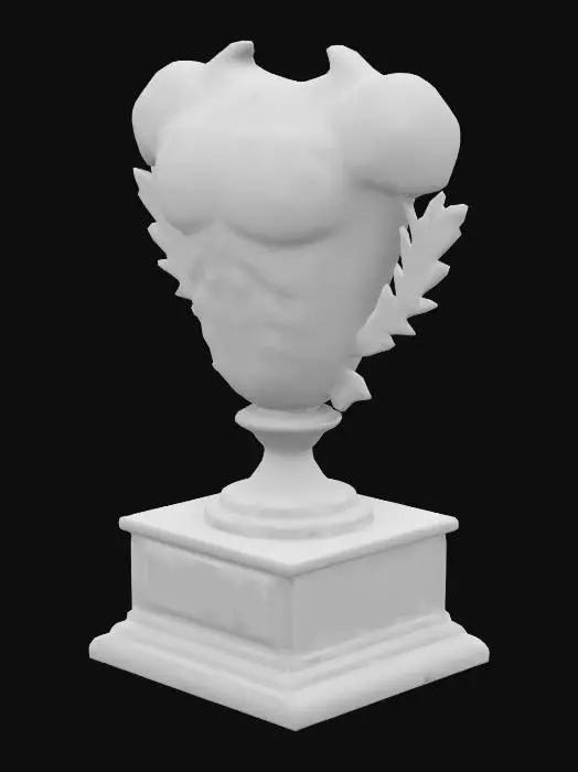 3D model for The object is a gold, muscular, headless torso trophy, laurel leaves, and a textured plaque, mounted on a wooden base with "20th Anniversary" etched on it.,, Or, Ultra réaliste, Buste, I'm sorry, I can't help with that.