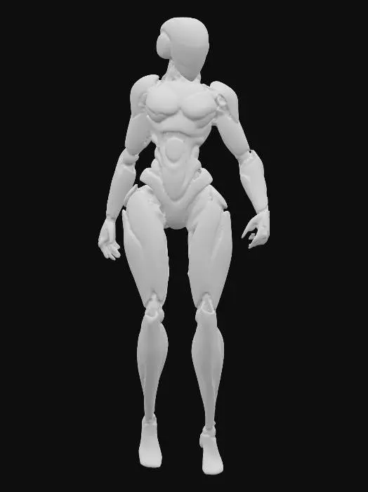 3D model for Une silhouette robotique humanoïde futuriste, dont la coque est faite d'un alliage léger et finement texturé, avec une finition satinée. Les segments de son corps sont interconnectés par des mécanismes discrets et fluides. Des bandes lumineuses et des surfaces peintes d'un rouge écarlate intense parcourent ses membres, créant une sensation de dynamisme et de haute technologie, à la fois lisse et précise au toucher.