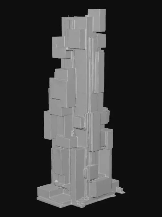 3D model for A deconstructivist skyscraper characterized by its fragmented, intersecting planes of brushed aluminum and frosted white glass. The structure appears to be a chaotic yet balanced arrangement of shifting cubes and rectangles, creating dramatic overhangs and negative spaces. The surfaces combine the cool, metallic sheen of aluminum with the soft, diffused light quality of the frosted glass, presenting a complex texture.