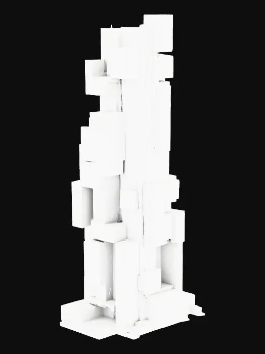 3D model for A deconstructivist skyscraper characterized by its fragmented, intersecting planes of brushed aluminum and frosted white glass. The structure appears to be a chaotic yet balanced arrangement of shifting cubes and rectangles, creating dramatic overhangs and negative spaces. The surfaces combine the cool, metallic sheen of aluminum with the soft, diffused light quality of the frosted glass, presenting a complex texture.