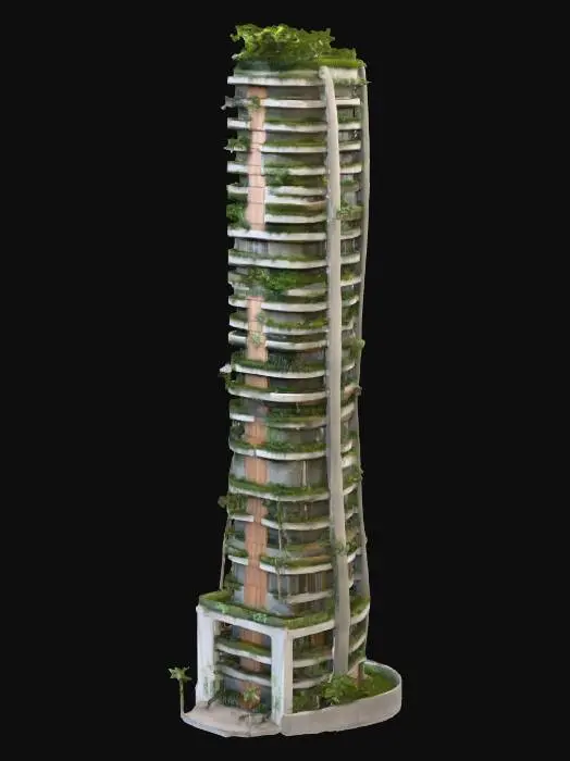 3D model for An organic, green-themed skyscraper featuring terraced gardens integrated into its design, composed primarily of light grey concrete and warm, natural wood panels. The building's structure gently curves upwards, with each level adorned with lush, vibrant foliage. The textures are varied, from the rough, porous concrete to the smooth, rich grain of the wood and the soft, verdant leaves.