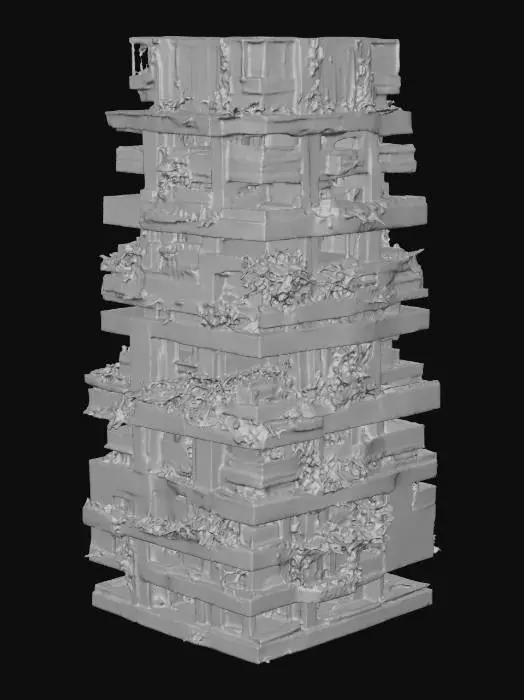 3D model for An organic, green-themed skyscraper featuring terraced gardens integrated into its design, composed primarily of light grey concrete and warm, natural wood panels. The building's structure gently curves upwards, with each level adorned with lush, vibrant foliage. The textures are varied, from the rough, porous concrete to the smooth, rich grain of the wood and the soft, verdant leaves.