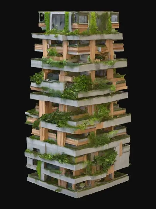3D model for An organic, green-themed skyscraper featuring terraced gardens integrated into its design, composed primarily of light grey concrete and warm, natural wood panels. The building's structure gently curves upwards, with each level adorned with lush, vibrant foliage. The textures are varied, from the rough, porous concrete to the smooth, rich grain of the wood and the soft, verdant leaves.