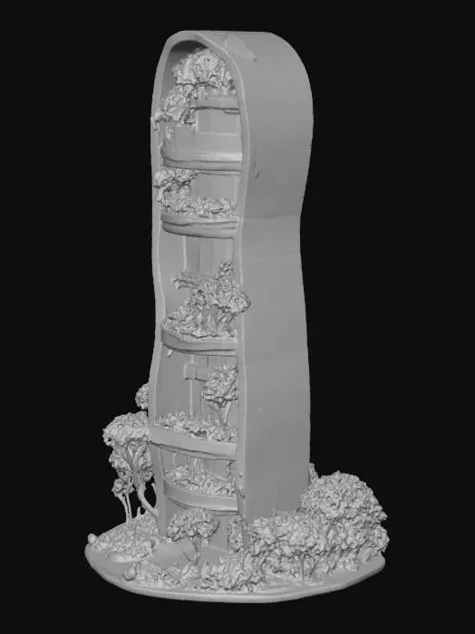 3D model for An organic, green-themed skyscraper featuring terraced gardens integrated into its design, composed primarily of light grey concrete and warm, natural wood panels. The building's structure gently curves upwards, with each level adorned with lush, vibrant foliage. The textures are varied, from the rough, porous concrete to the smooth, rich grain of the wood and the soft, verdant leaves.