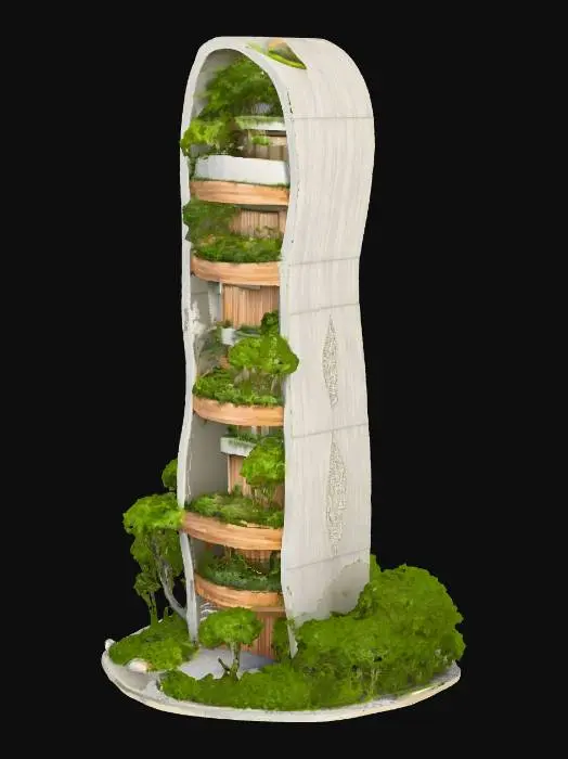 3D model for An organic, green-themed skyscraper featuring terraced gardens integrated into its design, composed primarily of light grey concrete and warm, natural wood panels. The building's structure gently curves upwards, with each level adorned with lush, vibrant foliage. The textures are varied, from the rough, porous concrete to the smooth, rich grain of the wood and the soft, verdant leaves.