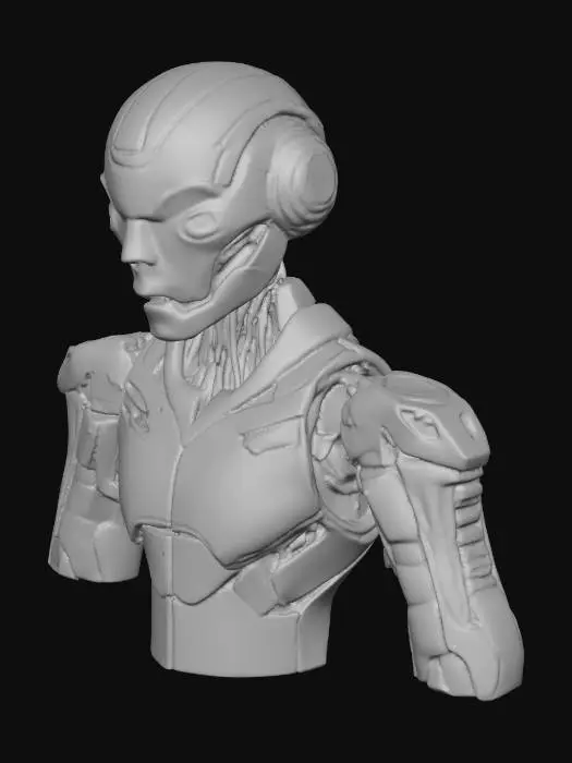 3D model for Une silhouette robotique humanoïde futuriste, dont la coque est faite d'un alliage léger et finement texturé, avec une finition satinée. Les segments de son corps sont interconnectés par des mécanismes discrets et fluides. Des bandes lumineuses et des surfaces peintes d'un rouge écarlate intense parcourent ses membres, créant une sensation de dynamisme et de haute technologie, à la fois lisse et précise au toucher.