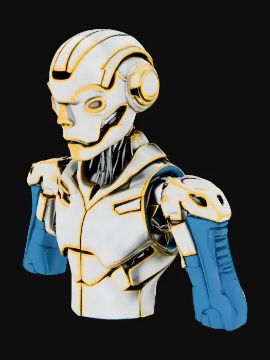 3D model for Une silhouette robotique humanoïde futuriste, dont la coque est faite d'un alliage léger et finement texturé, avec une finition satinée. Les segments de son corps sont interconnectés par des mécanismes discrets et fluides. Des bandes lumineuses et des surfaces peintes d'un rouge écarlate intense parcourent ses membres, créant une sensation de dynamisme et de haute technologie, à la fois lisse et précise au toucher.