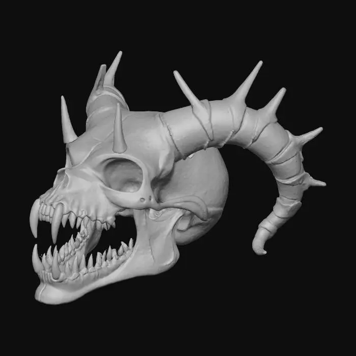 3D model for Or, Très détaillé, Ultra réaliste, Ultra réaliste, A demon's skull with three eyes, bone spikes, an open mouth, and long, sharp teeth, Cuir, Cuivre