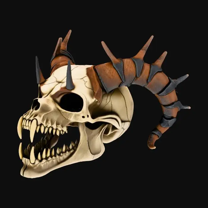 3D model for Or, Très détaillé, Ultra réaliste, Ultra réaliste, A demon's skull with three eyes, bone spikes, an open mouth, and long, sharp teeth, Cuir, Cuivre