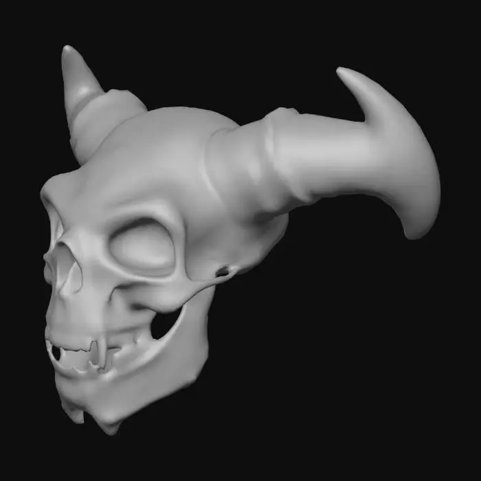 3D model for Or, Très détaillé, Ultra réaliste, Ultra réaliste, A demon's skull with three eyes, bone spikes, an open mouth, and long, sharp teeth, Cuir, Cuivre