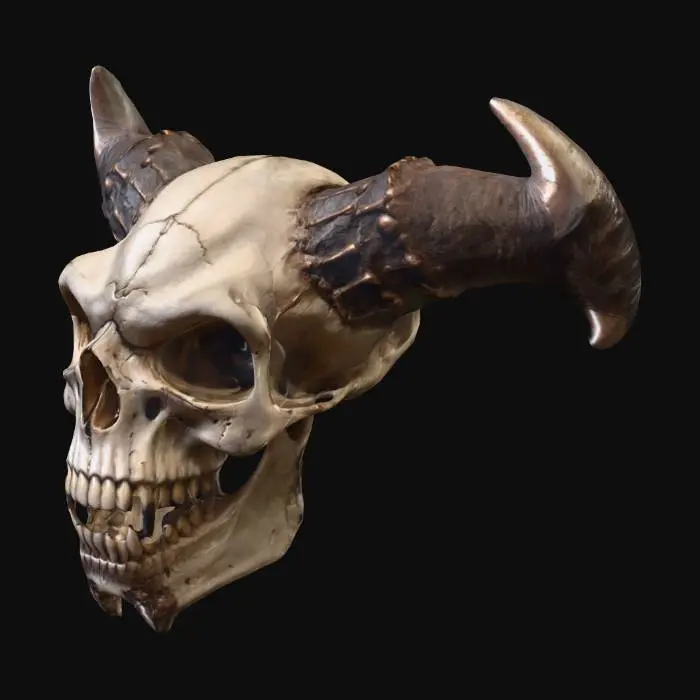 3D model for Or, Très détaillé, Ultra réaliste, Ultra réaliste, A demon's skull with three eyes, bone spikes, an open mouth, and long, sharp teeth, Cuir, Cuivre