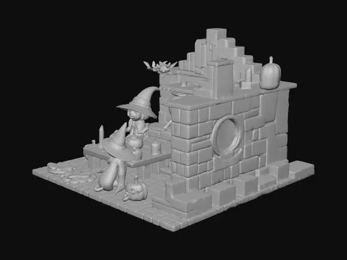 3D model for A cozy yet eerie voxel-style Halloween scene featuring a tiny wooden workshop hidden in the forest, lit by glowing pumpkin lanterns and floating candles.
Inside, a friendly witch is crafting mini jack-o'-lantern toys on a cluttered table, surrounded by bubbling potions, flying books, and a black cat wearing a witch hat.
Outside the workshop, mist drifts across gravestones, and ghostly lights hover above.
The style should be toy-like, bright yet mysterious, with soft lighting, stylized textures, and a slightly magical atmosphere.
Render it in a clean 3D scene with warm orange and cool purple lighting, giving it a cinematic Halloween glow.