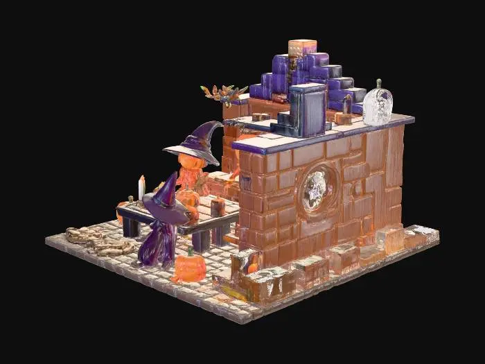 3D model for A cozy yet eerie voxel-style Halloween scene featuring a tiny wooden workshop hidden in the forest, lit by glowing pumpkin lanterns and floating candles.
Inside, a friendly witch is crafting mini jack-o'-lantern toys on a cluttered table, surrounded by bubbling potions, flying books, and a black cat wearing a witch hat.
Outside the workshop, mist drifts across gravestones, and ghostly lights hover above.
The style should be toy-like, bright yet mysterious, with soft lighting, stylized textures, and a slightly magical atmosphere.
Render it in a clean 3D scene with warm orange and cool purple lighting, giving it a cinematic Halloween glow.