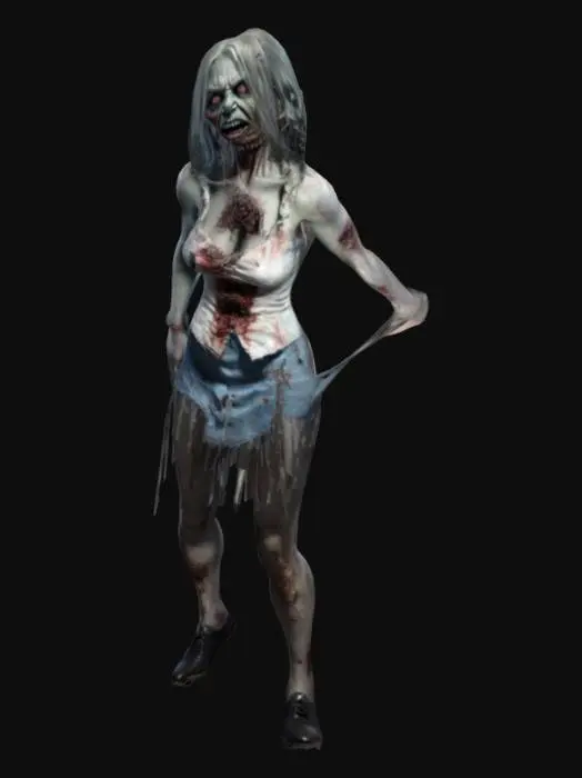 3D model for female waitress zombie with realistic proportions and a ghostly appearance. It wears a skimpy ripped waitress outfit of short dress and ripped open bodice, ripped stockings and flat shoes. The skin is decayed with cracks and subtle glowing veins, emphasizing its cursed nature. The overall form should mix ghostly transparency with solid details. Ultra-detailed, high resolution.