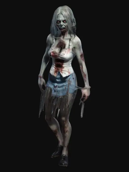 3D model for female waitress zombie with realistic proportions and a ghostly appearance. It wears a skimpy ripped waitress outfit of short dress and ripped open bodice, ripped stockings and flat shoes. The skin is decayed with cracks and subtle glowing veins, emphasizing its cursed nature. The overall form should mix ghostly transparency with solid details. Ultra-detailed, high resolution.