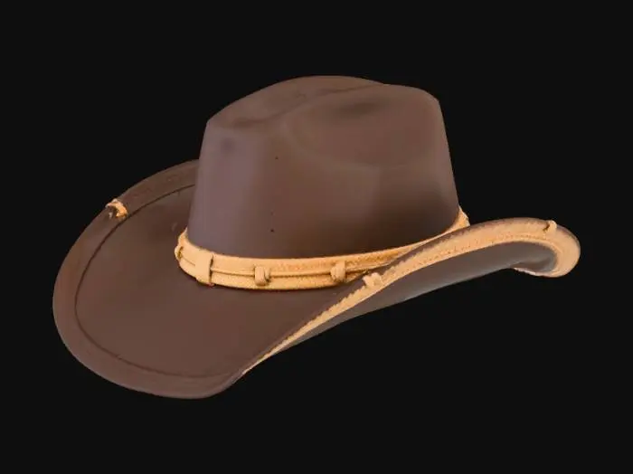3D model for Design a retro cowboy hat used between 1800 and 1900. Make it with a straw sash. Create a distressed look. Create a realistic, high-quality texture.
