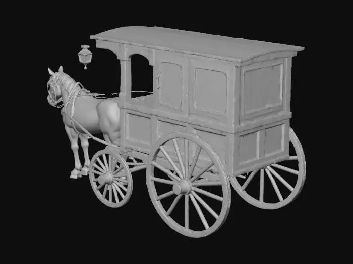 3D model for Build a wooden cart from the 1800s. Make sure it has realistic texture and high quality. The frame should not be hollow. The cart should have a gas lamp hanging from it for illumination. The cart should not be driven by a person, just a horse and a cart at the back.