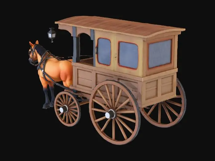 3D model for Build a wooden cart from the 1800s. Make sure it has realistic texture and high quality. The frame should not be hollow. The cart should have a gas lamp hanging from it for illumination. The cart should not be driven by a person, just a horse and a cart at the back.