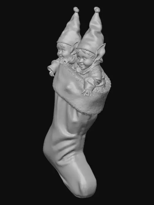 3D model for Şöminede asılı yılbaşı çorabı tasarla. Çorabın içinden bakan noal baba kıyafetli küçük elf cinleri bakıyor olsun. , #Christmas2025#