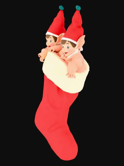 3D model for Şöminede asılı yılbaşı çorabı tasarla. Çorabın içinden bakan noal baba kıyafetli küçük elf cinleri bakıyor olsun. , #Christmas2025#