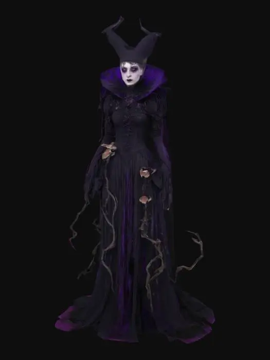 3D model for The Corrupt Witch combines elegant classical fantasy elements with the eerie Gothic style. The dress is mainly in black and purple, with layers of poisonous mushroom skins and vine decorations, looking both elegant and threatening. Her face was pale, her eyes deep like the eternal night, and the magical aura around her was like the spires and arches in Gothic architecture, full of mystery. Her cape was adorned with large areas of metal decorations, as intricate and magnificent as the attire of ancient mages, yet exuded an air of corruption. The constantly flowing mycelium and toxic gas at the hem of her cape intensified her sense of terror even more. The corrupt witch combines cunning and evil. She often manipulates the souls of others by manipulating poisonous mushrooms and dark spells.