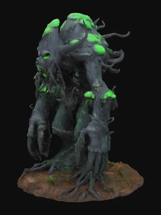 3D model for The Rotten Giant is a huge mushroom monster, as large as an ancient giant in size. Its skin is covered with black and green poisonous spots, and its muscle lines are full of the coldness of the Gothic style. On its giant, there are poisonous mushrooms like the sculptures of ancient temples, and the dark spikes protrude like the spires of a clock tower. The Rotting giant doesn't have traditional clothing, but its body is covered with armor formed by poisonous mushrooms and decaying plants to protect its fragile muscles. The tips of those huge mushrooms seem to be composed of patterns cast from ancient metals and black rocks.