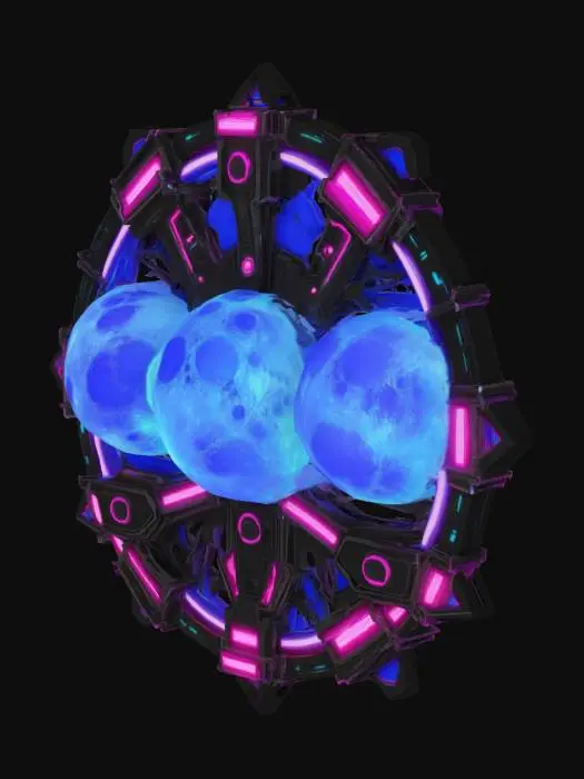 3D model for emblema de cyberpunk de una comunidad extraterrestre que tiene 3 lunas como base 