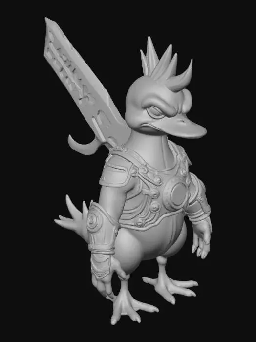 3D model for Realistic bulky orange angry duck with human limbs, squid tentacles on his head standing on two legs who is wearing toaster armor and is wielding a giant sword