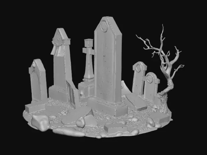 3D model for A graveyard with cracked headstones shaped like monoliths, strange fossil remains poking from sand, eerie green mist crawling on ground, carved ruins and collapsed monuments, twisted dead trees, rusted banners flapping, bone fragments scattered. Hyper-realistic detailed.